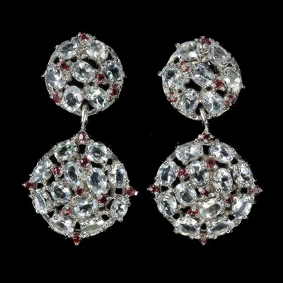 925 Sterling Silver Earrings Oval Aquamarine Rhodolite Natural Gemstone jewelry - Image 1 of 4