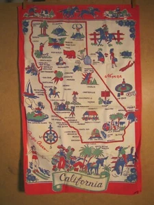 California Souvenir Tea Hand Cotton Towel State Map Landmarks Repro? 15" x 23" - Picture 1 of 6