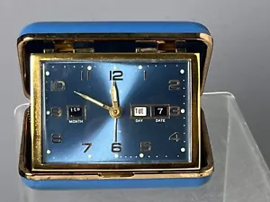 RELOJ DESPERTADOR DE VIAJE PLEGABLE VINTAGE RARO AZUL ELGIN JAPÓN DÍA FECHA MES CUERDA - Imagen 1 de 7