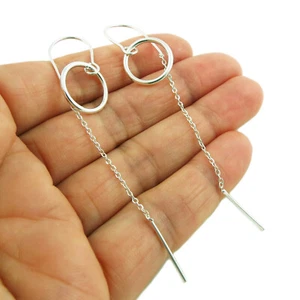 Circle Hoop 925 Silver Handmade Chain Threader Earrings - Picture 1 of 5