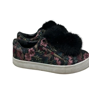 Sam Edelman Leya Size 7.5 Women’s Black Velour Floral Sneakers Maroon Pom Puff - Picture 1 of 7