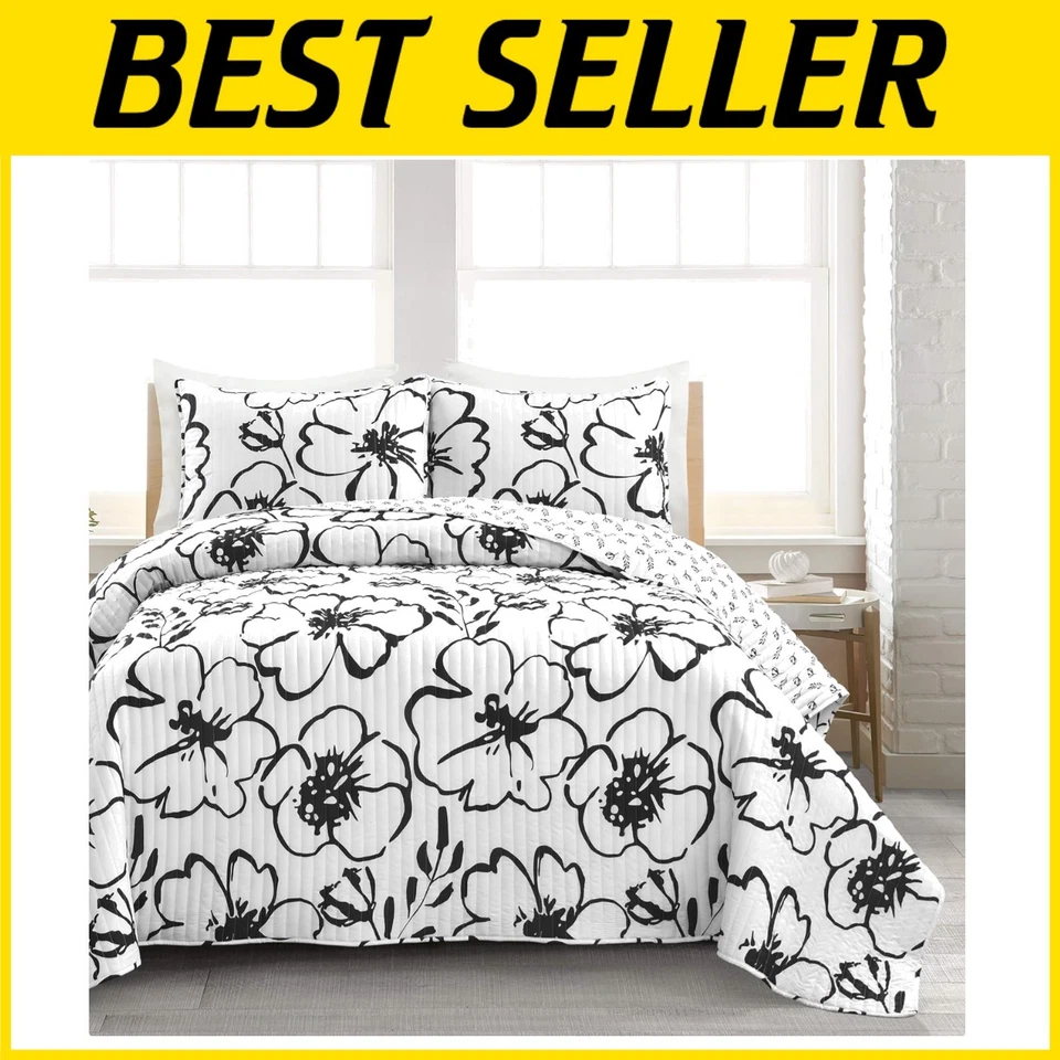 Elegante Juego de Edredón Floral Reversible Blanco y Negro con Fundas de Almohada - Completo/Reina Foto 1 de 4