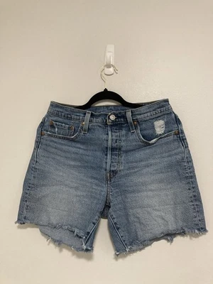 Levi’s Mid Thigh 501 Shorts Cut Off Worn Style In Dark Blue Size 28 - Image 1 of 4