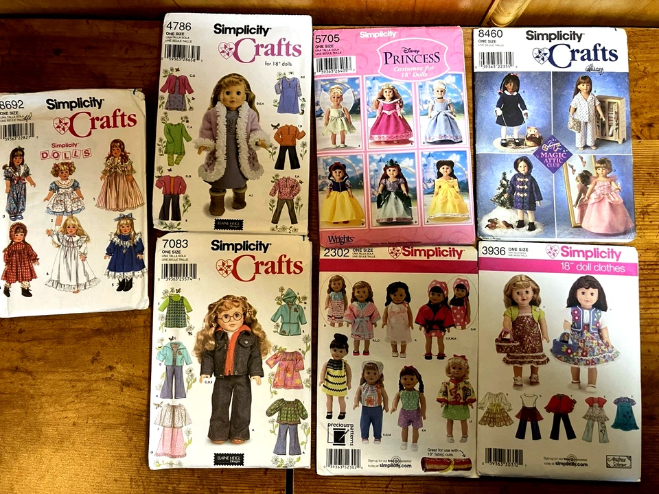 7 Simplicity 18" Doll Patterns 2302, 3936, 4786, 5705, 7083, 8460, 8692, Uncut - Image 1 of 1