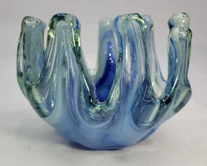 MCM Blue Pinch & Swung Finger Bowl - Blown Glass Art Sculpture  5"x 3.5" - Picture 1 of 3