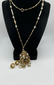 Vtg MCM Long Tasseled Necklace Good Tone With Pearls & Matching Monet Earrings  - Picture 1 of 8
