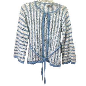 Vintage Banff Cardigan Sweater Womens Large Belted Blue White Covered Buttons - Picture 1 of 12