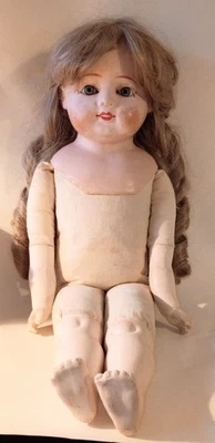 22 1/2英寸古董纸质Mache娃娃-灰色蓝色固定眼睛-替换假发 — 第 1/4 张图片