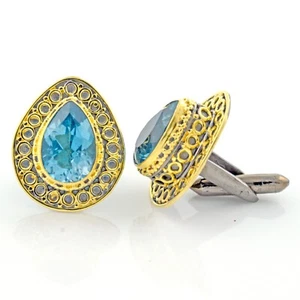 Pear Gemstone Blue Topaz Cufflinks 925 Sterling Silver Gold Plated Men's Jewelry - Picture 1 of 7