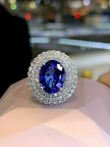 Anillo de compromiso de halo de tanzanita de corte ovalado de 3 quilates enchapado en oro blanco de 14 K - Imagen 1 de 5