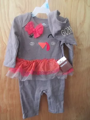 THANKSGIVING OUTFIT NEW 0 3 MONTHS 2 PIECE OUTFIT  BIB /SCARF TURKEY GIRLS BROWN - Image 1 of 4