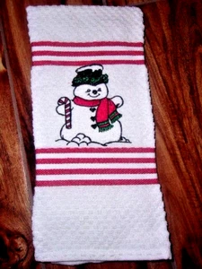 SCHNEEMANN BESTICKT HANDARBEIT WEISS HANDTUCH ROTE STREIFEN - Bild 1 von 2