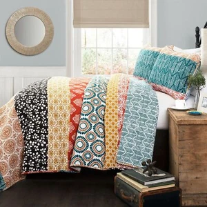 King size Cotton 3 Piece Reversible Teal Orange Bohemian Stripe Quilt Set - Picture 1 of 3