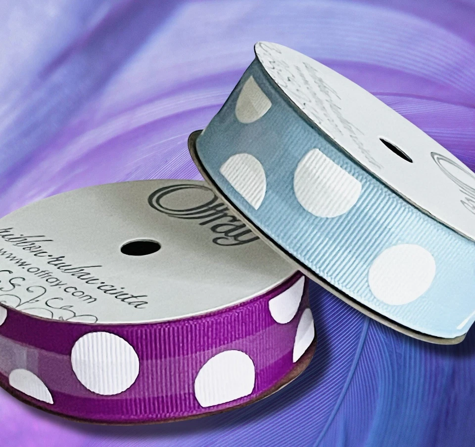 Mixed Lot of 2 Rolls of Grosgrain Polka Dot Ribbon 7/8" x 9 yds each Blue Purple - Image 1 of 4