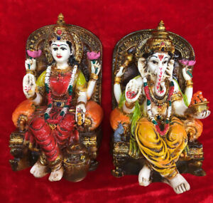 Polyresin Idol Lord Ganesha & Maa Laxmi Multicolor Statue for Home Temple KU
