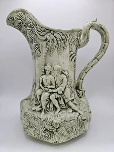 7.25" Vintage ESD Green Embossed Ceramic Pitcher Man Woman Couple Palm Trees - Picture 1 of 13