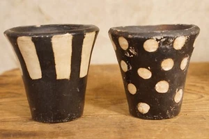Antique Black & White Terracotta Peruvian or Mexican Planters Drinking Vessels - Picture 1 of 4