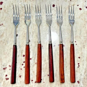 Juego de 6 horquillas largas de acero inoxidable MCM madera oscura mangos de teca FONDUE Japón vintage - Imagen 1 de 9