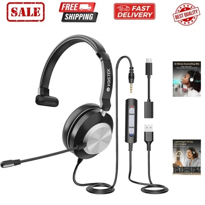 USB Headset with Microphone for PC/Laptop, Computer Headphones One Ear Wired ... - Image 1 of 4