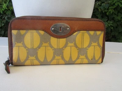 Vintage Fossil Key-Per Yellow Ladybug Zip Around Wallet Brown Leather Trim Retro - Image 1 of 4