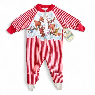 NWT Vintage 80s Montgomery Ward Fleece Christmas Pajamas Footed Baby Size 1 - Image 1 of 4