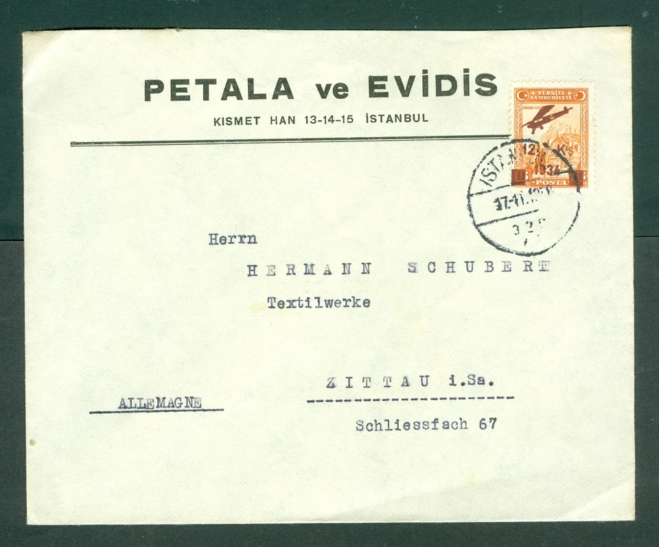 Turkey 1934. Commercial Cover. Textile. Adr: Germany Sc# C2. Airmail. - Image 1 of 1