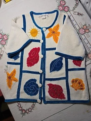 Victoria Harbour Womens Med Short Sleeve Sweater Tropical Seashells Beaded READ - Image 1 of 4