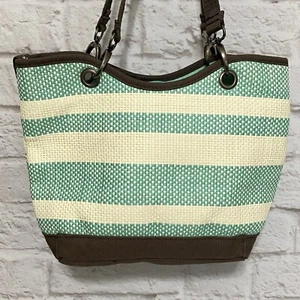 Thirty One 31 Spring Summer Purse Paper Weave Shoulder Bag Teal Ivory Stripe - Picture 1 of 5