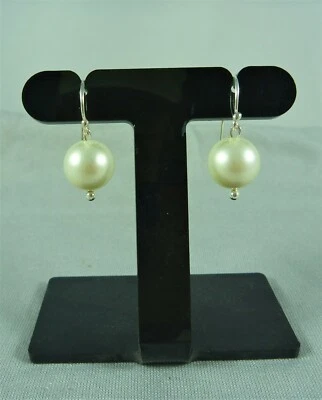 FABULOUS NEW UNUSED  STG SILVER 12 MM WHITE SHELL PEARL DROP EARRINGS ST #17609 - Image 1 of 4