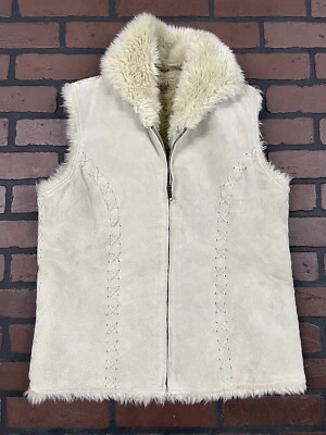 Chaleco de gamuza tallada con volantes con cremallera cuero genuino tostado forro de piel sintética para mujer pequeño Foto 1 de 4