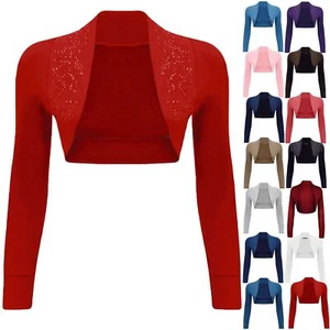 Womens Ladies Beaded Long Sleeve Collared Short Bolero Crop Shrug Cardigan Top - Picture 1 of 17