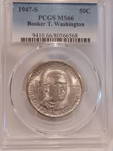 1947 S BOOKER T WASHINGTON SILVER HALF-DOLLAR. PCGS MS66. BRIGHT WHITE. A GEM! - Picture 1 of 2