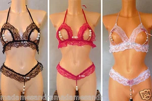 OPEN BRA CUPLESS OPEN CROTCH THONG MICRO G-STRING PEARL SET EXTREME STIMULATING  - Picture 1 of 11