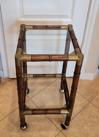 Vintage MCM Wood Faux Bamboo Brass Corners Glass Top 2 Tier End Table Wheels Cover
