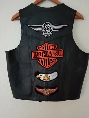 UNIK Harley Davidson genuine leather snap HOG Patches Pins vest sleeveless L - Image 1 of 4