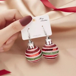 Christmas Ornament Earrings - Red, Green and White Stiped Christmas Tree Baubles - Picture 1 of 5