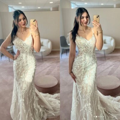 Vestidos de novia sirena cuello en V champán playa boho verano 2025 vestidos de novia Foto 1 de 4