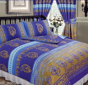 DOPPELBETT BETTBEZUG SET KASCHMIR ROYALBLAU GOLD NAHÖSTLICH ETHNISCH BLUMEN - Bild 1 von 1