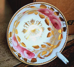 Antique Copeland Spode 3886 Swansea Pink Rose Gilded Teacup and Saucer - Picture 1 of 3