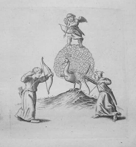 Liebe Amor tötet die Eitelkeit Pfau Bogenschütze Kupferstich P. van der Aa 1703 - Picture 1 of 1