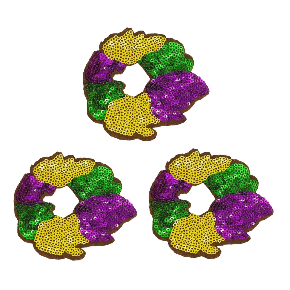 3 PCS Mardi Gras King Cake Sequins Iron-On Patches Appliques for Clothing - Image 1 of 4