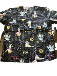 Halloween Scrub Top Betty Boop Taglia S Cravatte Scollo V Nero CNA Tasche Infermiera 2008 - Foto 1 di 7