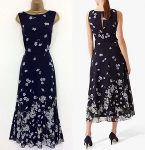 Hobbs Occasion Dress UK 14 Immaculate Carly Navy Blue Ivory Green Chiffon Lined - Picture 1 of 13