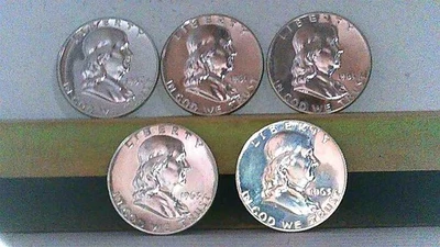 Lote de 5 medios dólares Franklin Proof. Gemas 1-57, 2-61, 2-63. Foto 1 de 4