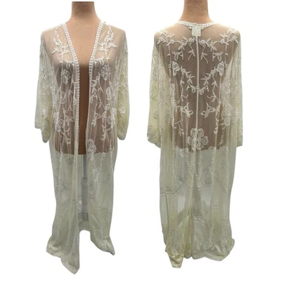 Shiraleah Chicago Lace Embroidered Kimono Cover Up Longline Sheer Duster OS - Image 1 of 4
