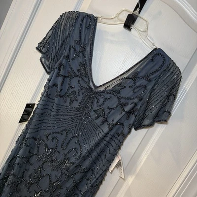 Nuevo Con Etiquetas Vestido Columna Malla Cuentas Noches Pisarro Talla 14 Azul Costero $268 Foto 1 de 4