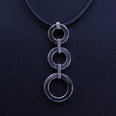 Collar de goma negro colgante círculo plata esterlina 925 fósil vintage de 16+2”, Foto 1 de 4