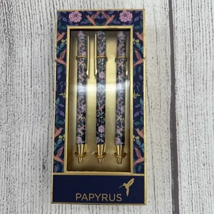 Papyrus Pens Black Ball Point 3 Pack Navy Blue Pink Floral Gold Accent Click Set - Picture 1 of 7