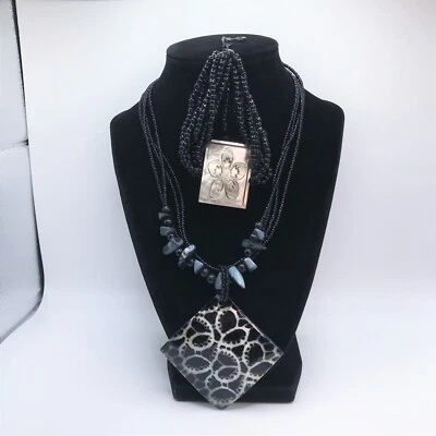 Ожерелье браслет перламутр черный набор лот мультистранд бисер резной цветок - Изображение 1 из 4