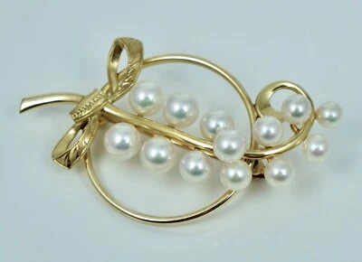Broche prendedor vintage con spray floral de oro amarillo de 5 mm Mikimoto 14K Foto 1 de 4